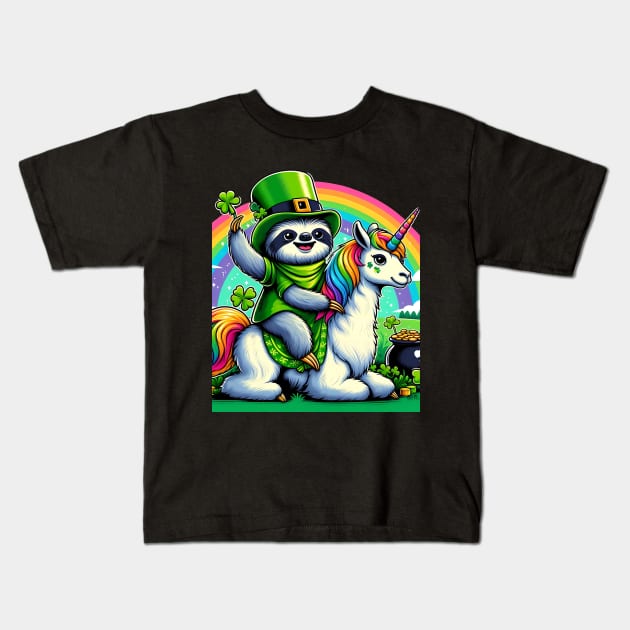 Leprechaun Sloth Riding Llama Unicorn St Patricks Day Kids T-Shirt by click2print